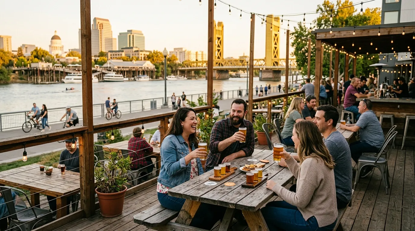 Brewery or taproom scene near the Sacramento riverfront