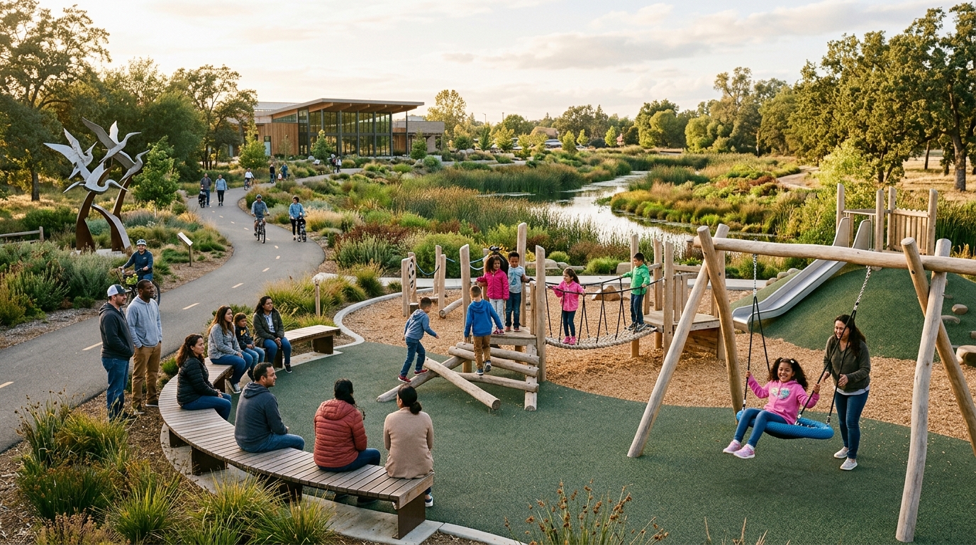 Children exploring the accessible playground at The Preserve in Elk Grove