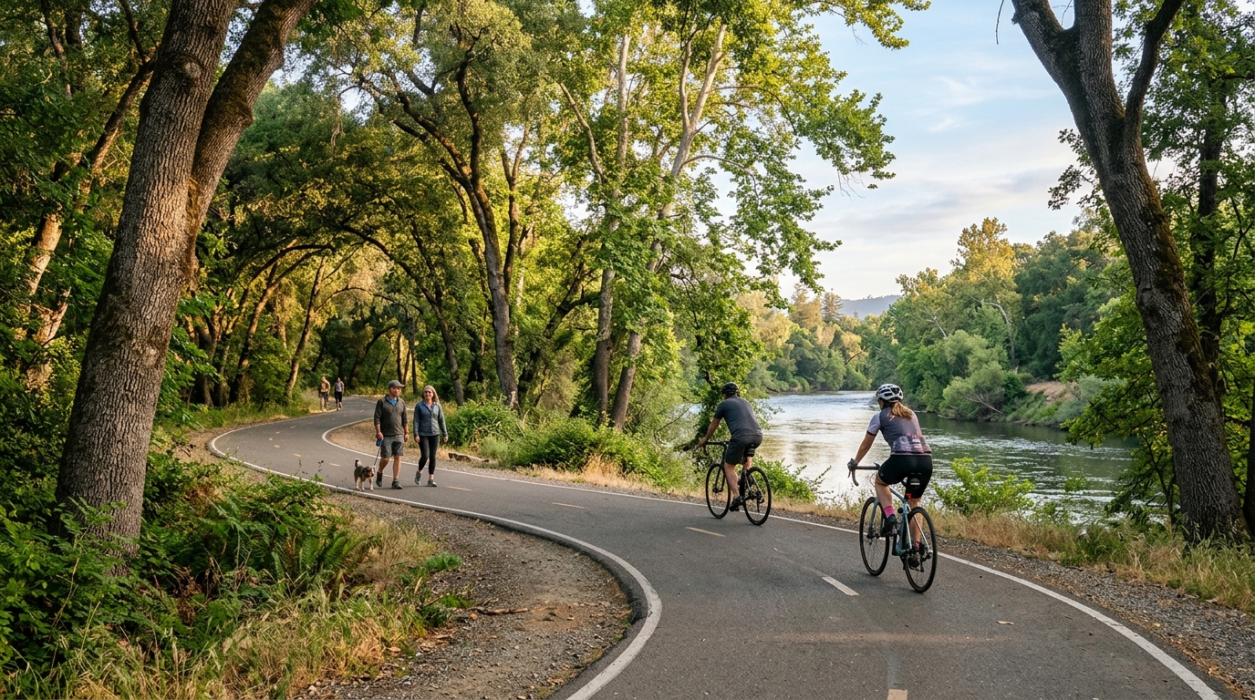 Cyclists and walkers exploring the American River Parkway in Sacramento County