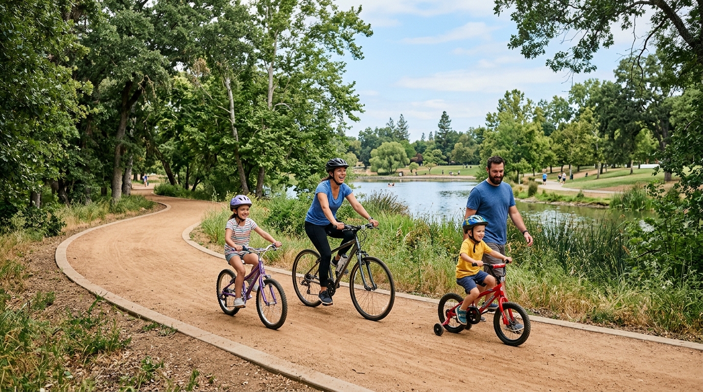 Family using the multi-use trail at Elk Grove Park