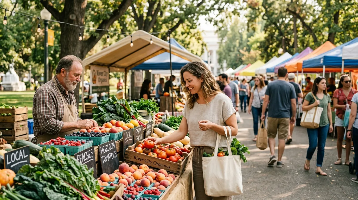 Farmers market scene representing Sacramento County’s food culture