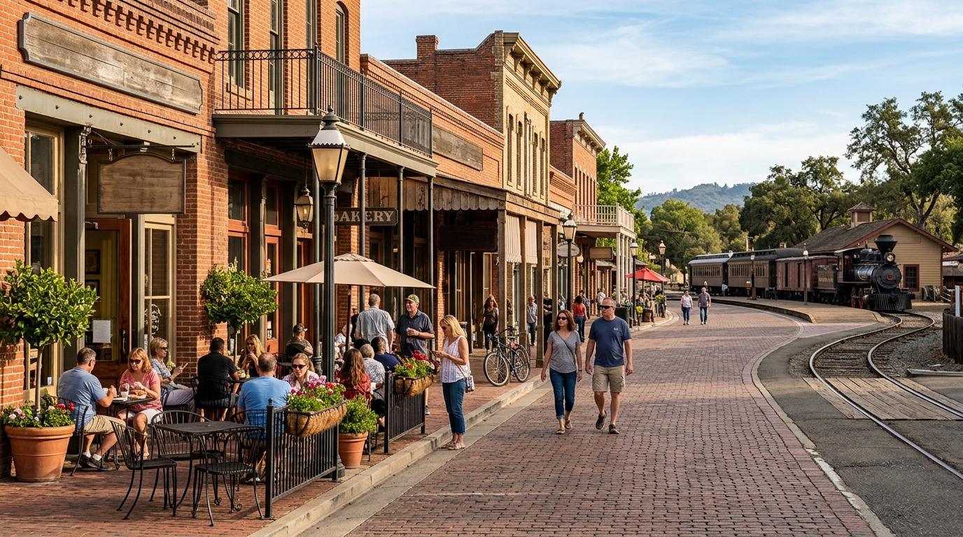 Historic storefronts and pedestrians along Sutter Street in Folsom
