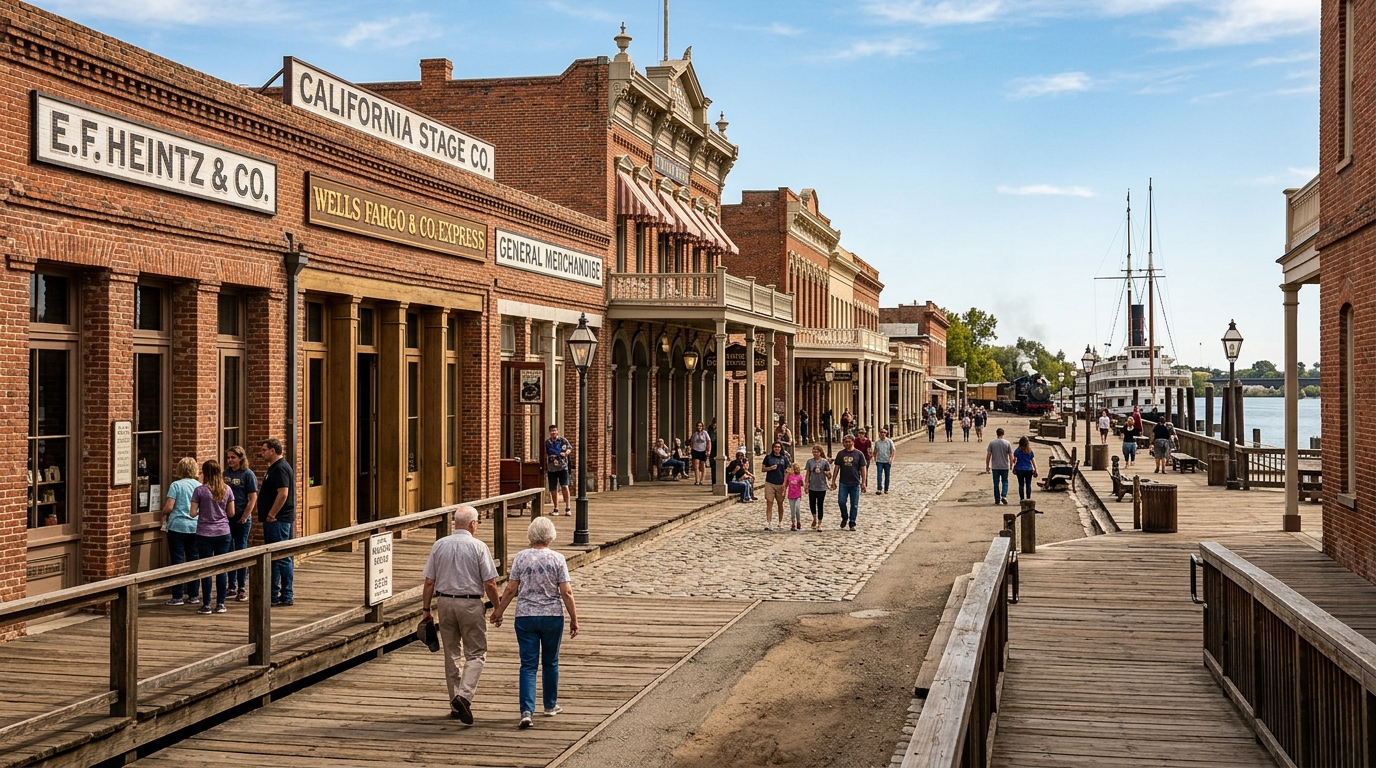 Historic storefronts and wooden sidewalks in Old Sacramento Waterfront