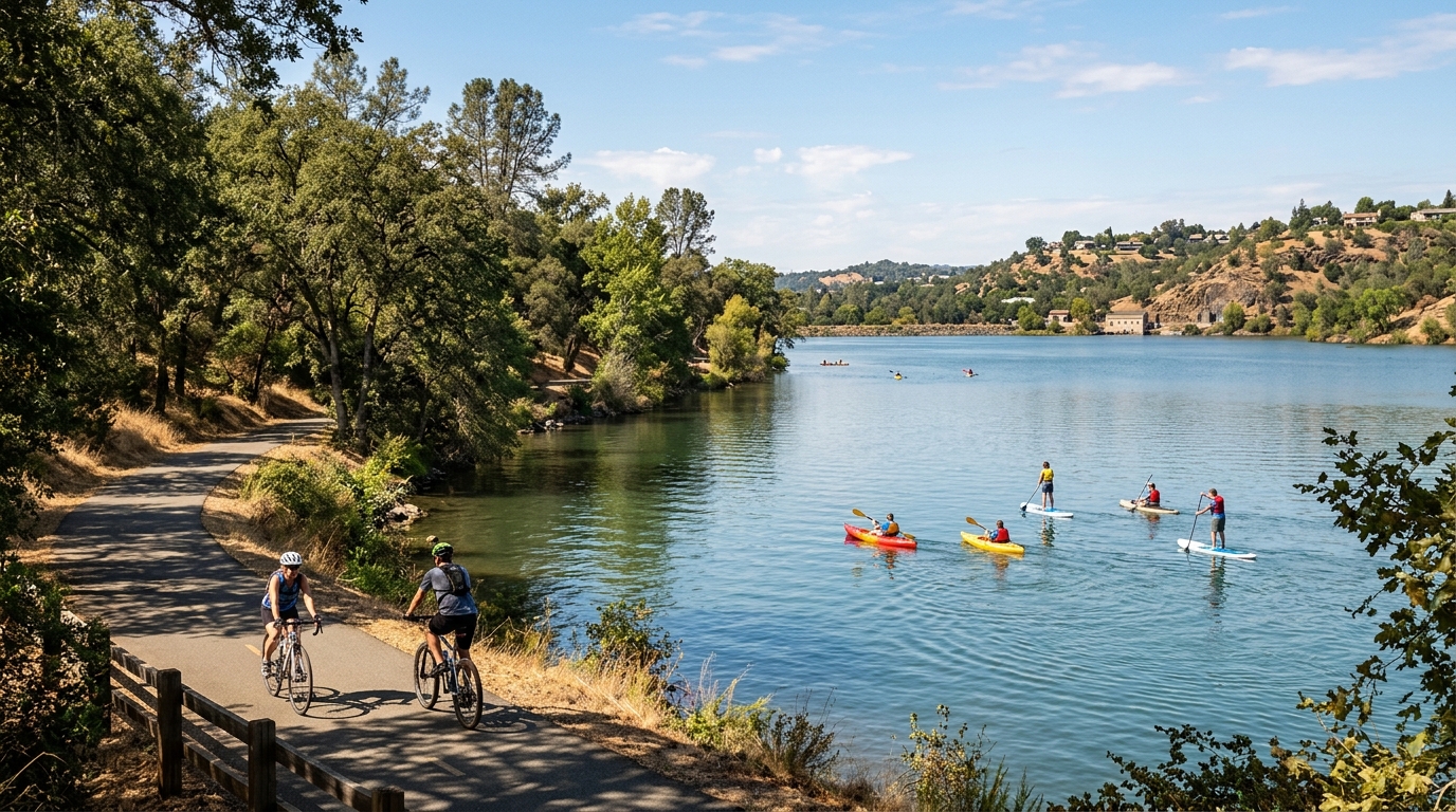 Kayakers and cyclists enjoying Lake Natoma near Folsom