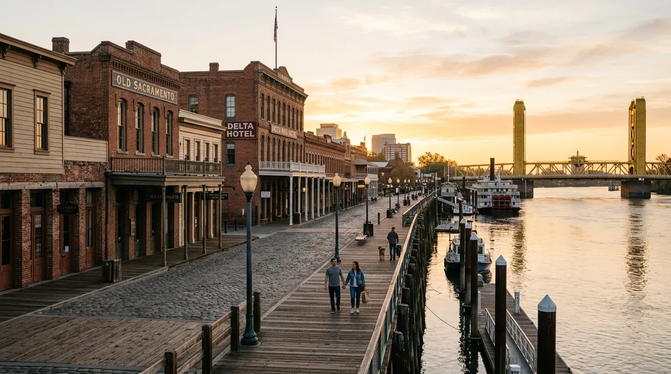 Old Sacramento Waterfront with historic streets and Tower Bridge