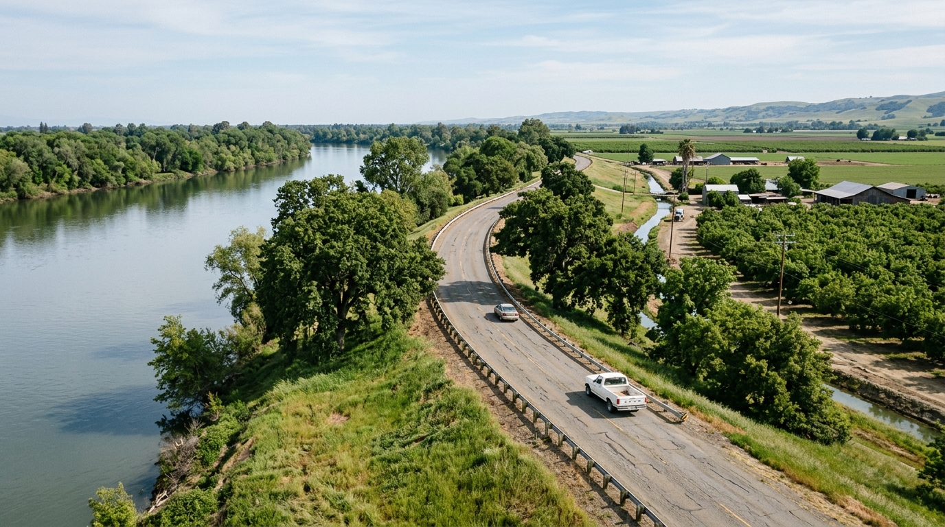 River Road beside farmland and the Sacramento River near Walnut Grove