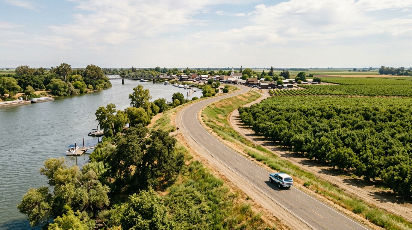 Scenic Sacramento Delta road connecting historic river towns