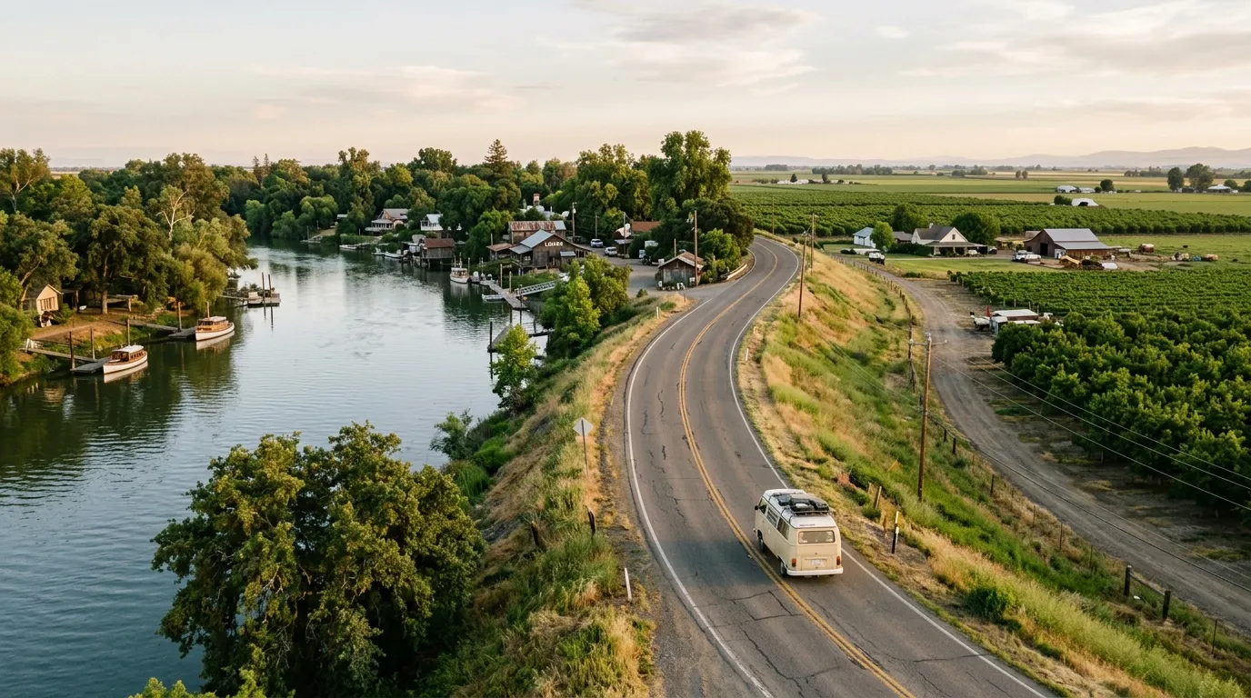 Scenic road through Sacramento Delta river towns and farmland