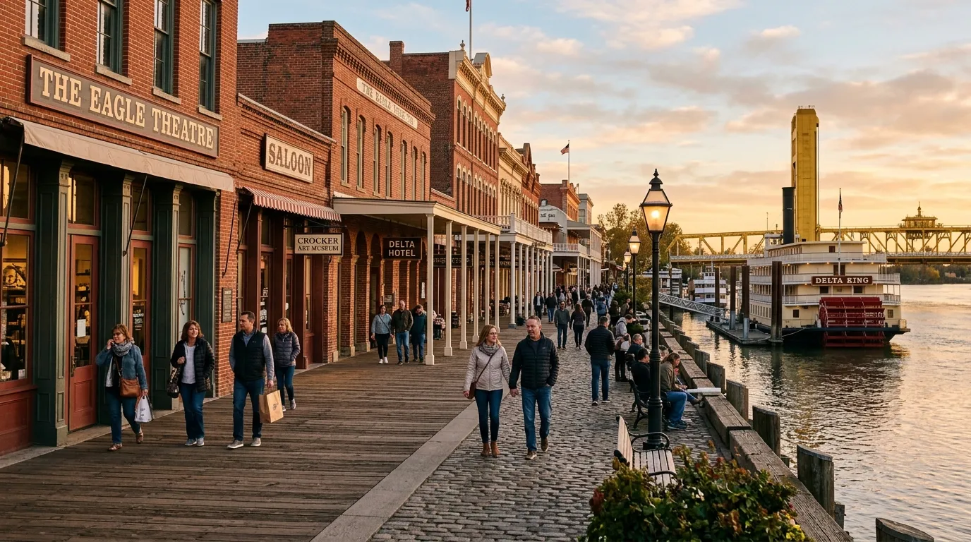 Visitors exploring Old Sacramento Waterfront at a relaxed pace