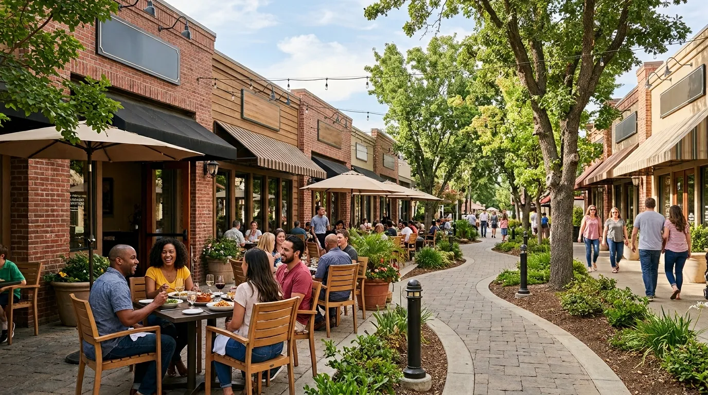 Walkable dining district in Elk Grove with restaurants and outdoor seating